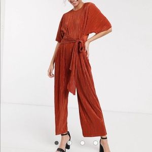 ASOS plisse tie front culotte jumpsuit in Rust; 2
